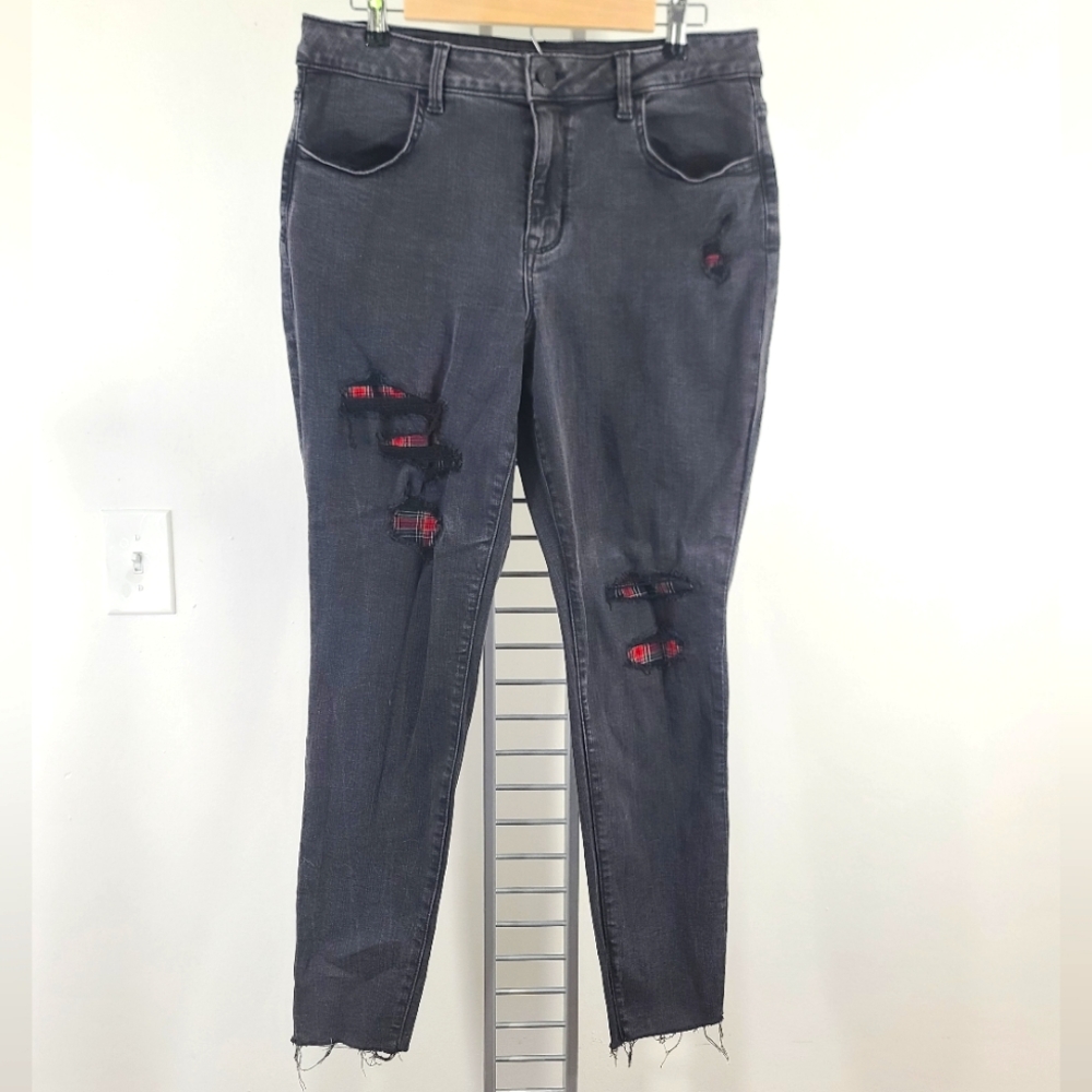 Maurices Black Skinny Jeans with Plaid Inlays